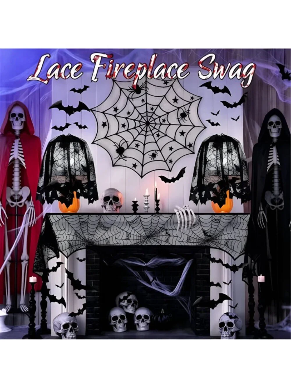 61 Pcs Halloween Mantel Decor Set, with Spiderweb Cover and Bat Stickers